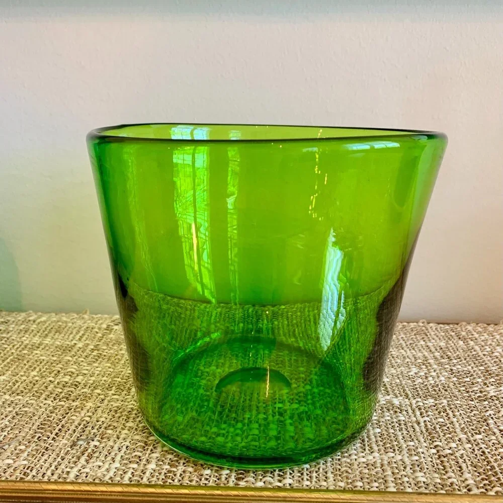 Hand Blown Art Glass Vase/Planter/Ice Bucket Vintage MCM Large Green